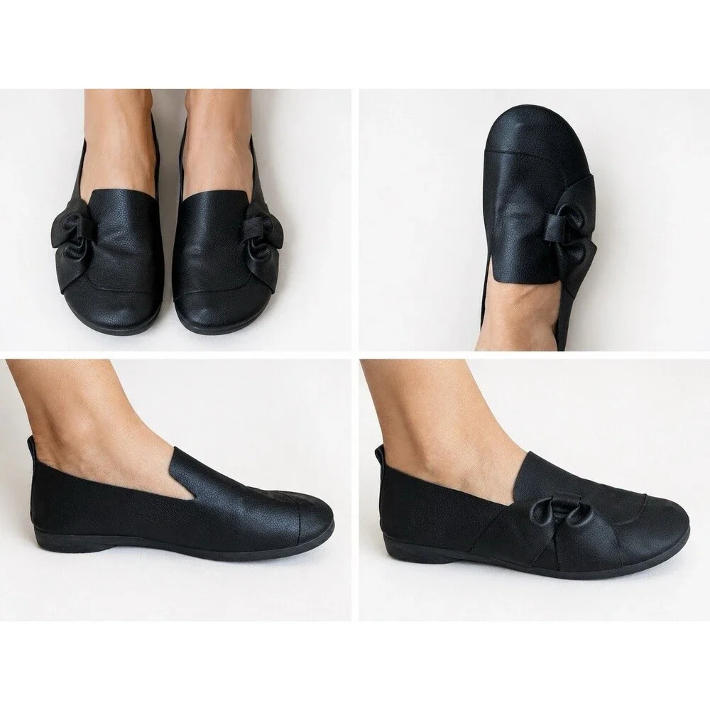 Women’s Black Bow Ballet Flats Slip On Comfort Shoes Size 9 Faux Leather Casual